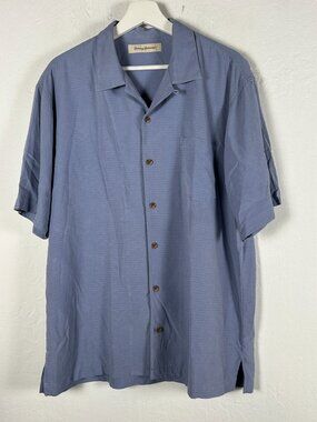 Tommy Bahama Mens Blue Silk Textured Short Sleeve Button-Up Camp Shirt Large